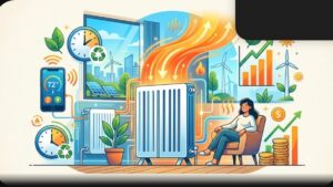 Современная иллюстрация биметаллических радиаторов отопления в интерьере для статьи об энергоэффективности и трендах 2026 года